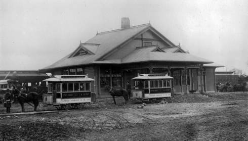 Salem Street Railway cars 1 and 3 at depot, 1889.